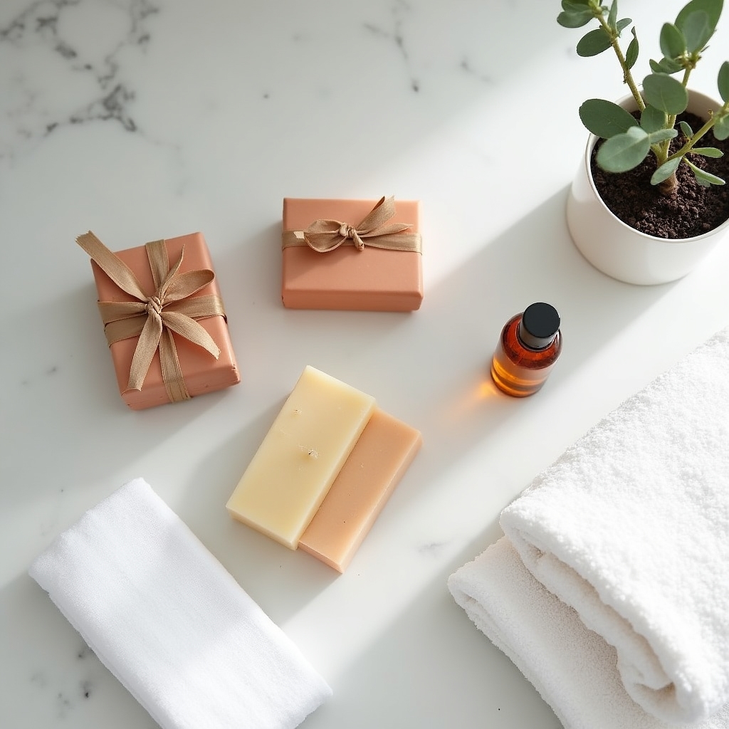 Set de amenities de baño natural dispuesto sobre encimera de hotel