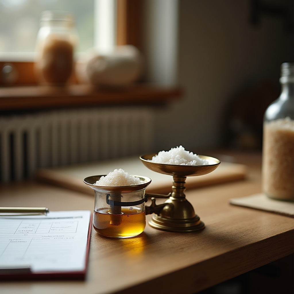 Control de calidad de ingredientes naturales sobre mesa de trabajo con balanza