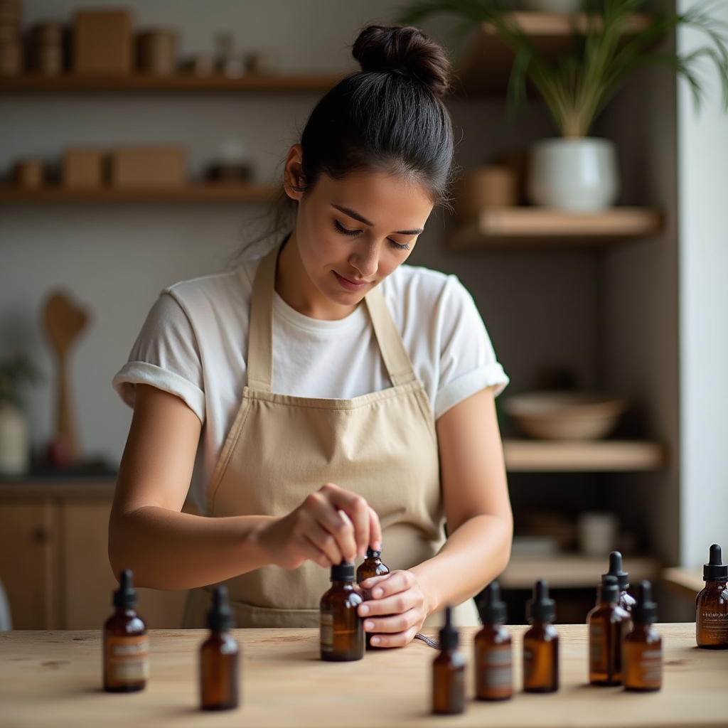 Persona envasando manualmente frascos de cosmética natural en un taller
