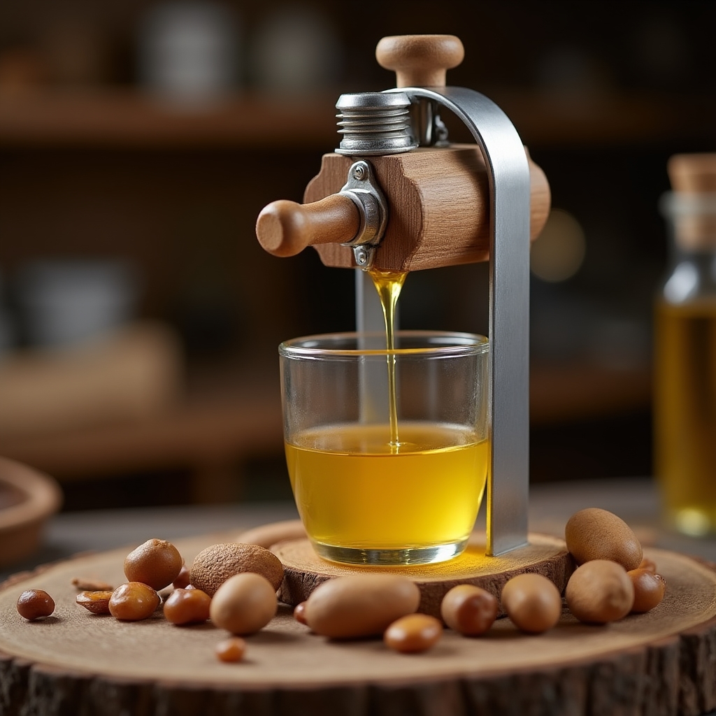 Prensa artesanal extrayendo aceite de argán en frío