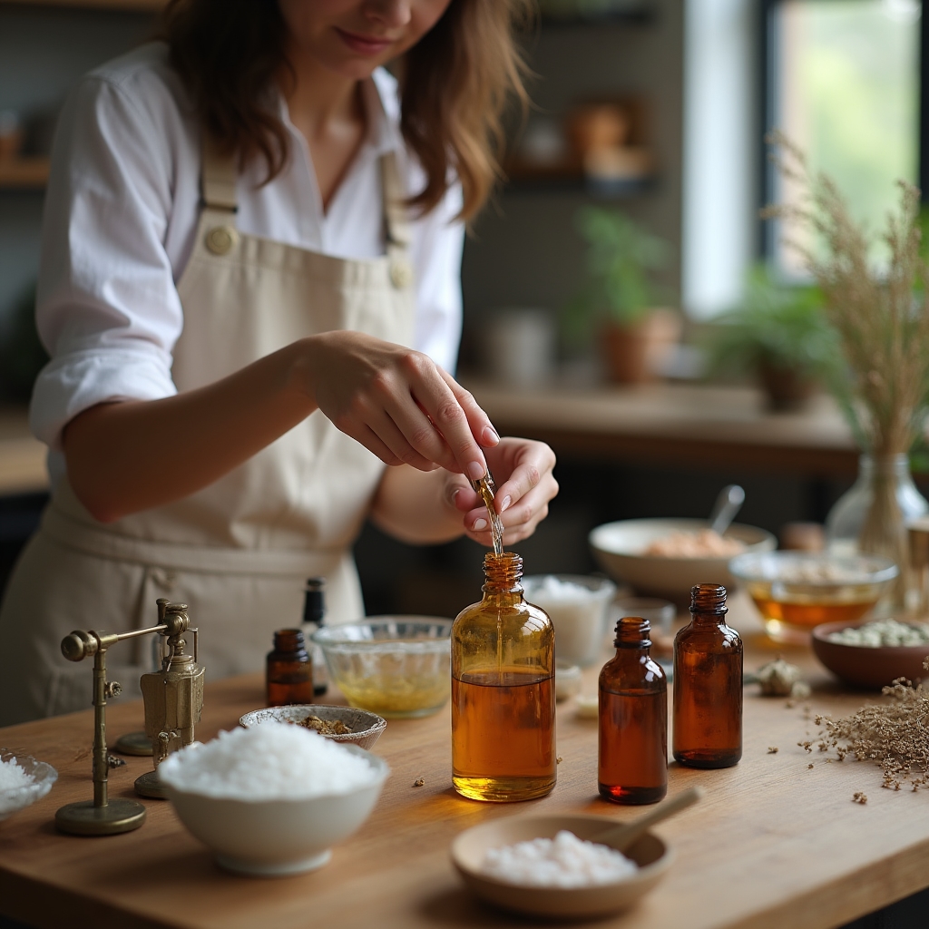Mesa de taller con frascos de ingredientes naturales para formulación cosmética